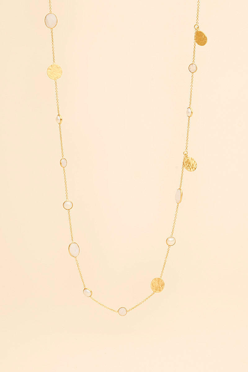 Minski 18K Recycled Fine Gold Plated White Pearl / Rainbow Moonstone Necklace