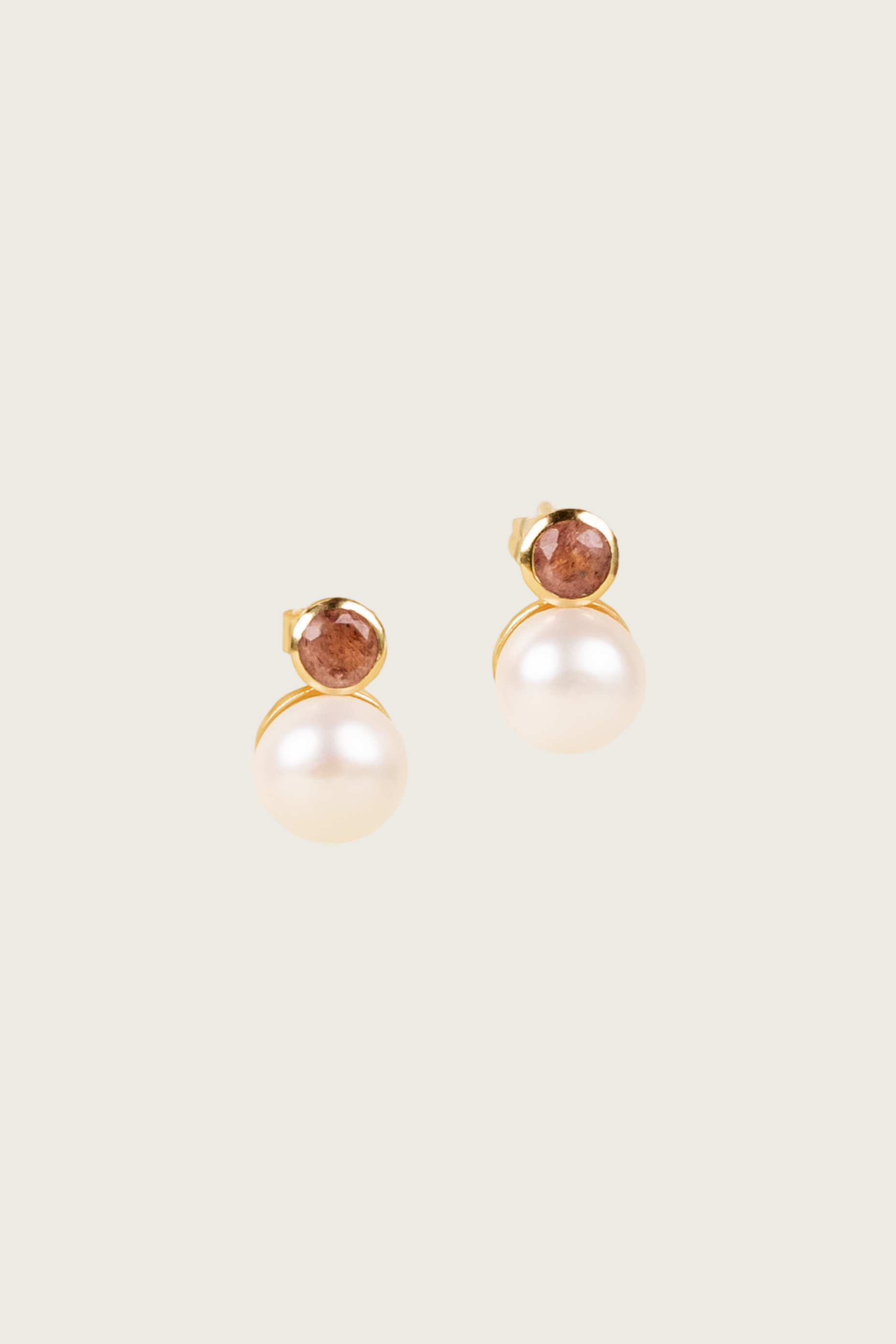 Pudiah 18K Recycled Fine Gold Plated White Pearl / Strawberry Quartz Earrings - 925 Silver Posts