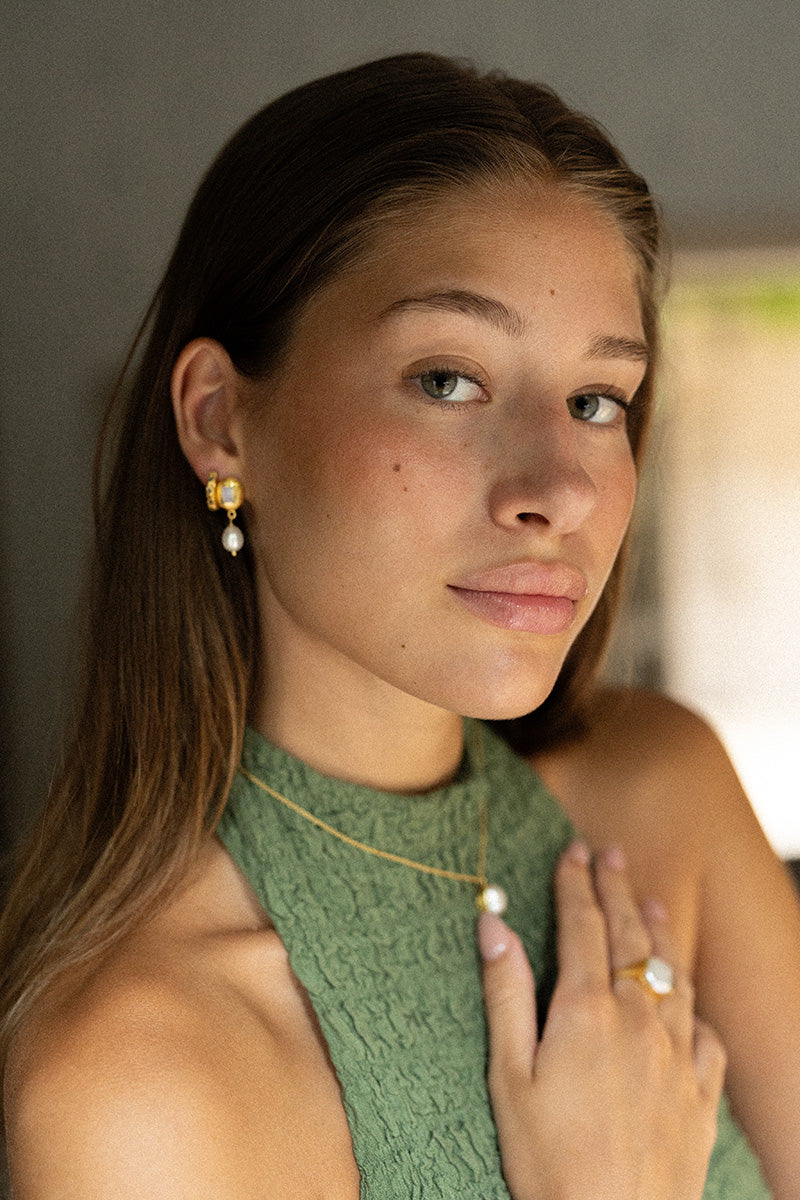 Zarela 18K Recycled Fine Gold Plated Freshwater Pearl / Smoky Topaz Earrings - 925 Silver Posts