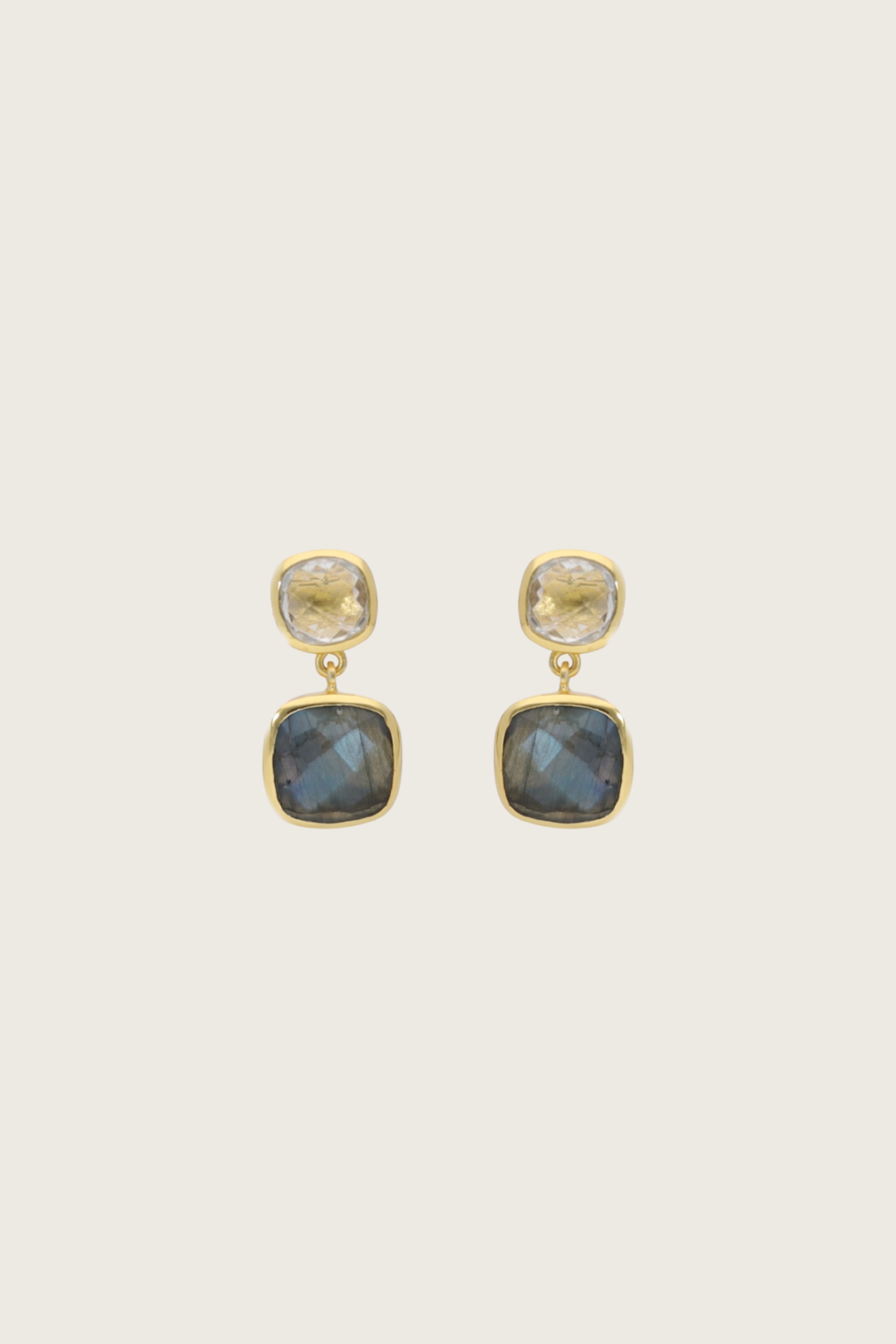 Boucles d'oreilles Basiri en or fin recyclé 18K plaqué, quartz clair / labradorite - tiges en argent 925